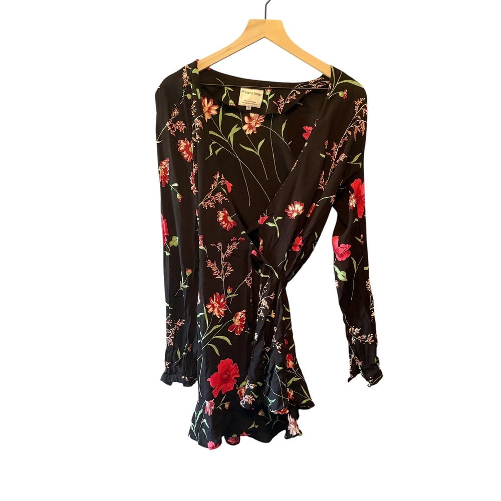 Privacy Please Floral‎ Mini Dress Black Red Long Sleeve Wrap Style M